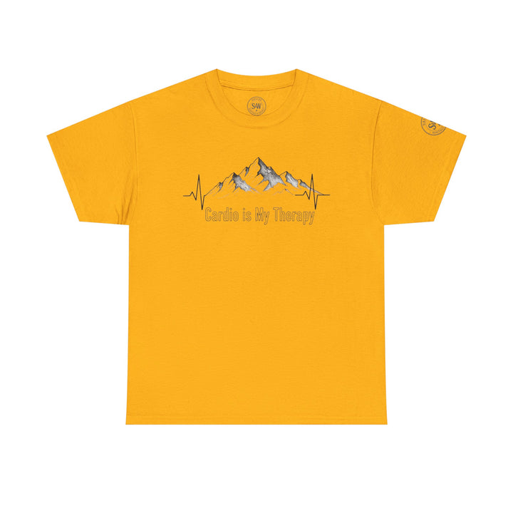 Gold t-shirt by S&amp;W Gallus, featuring a mountain range between heartbeats and the phrase "Cardio is My Therapy".