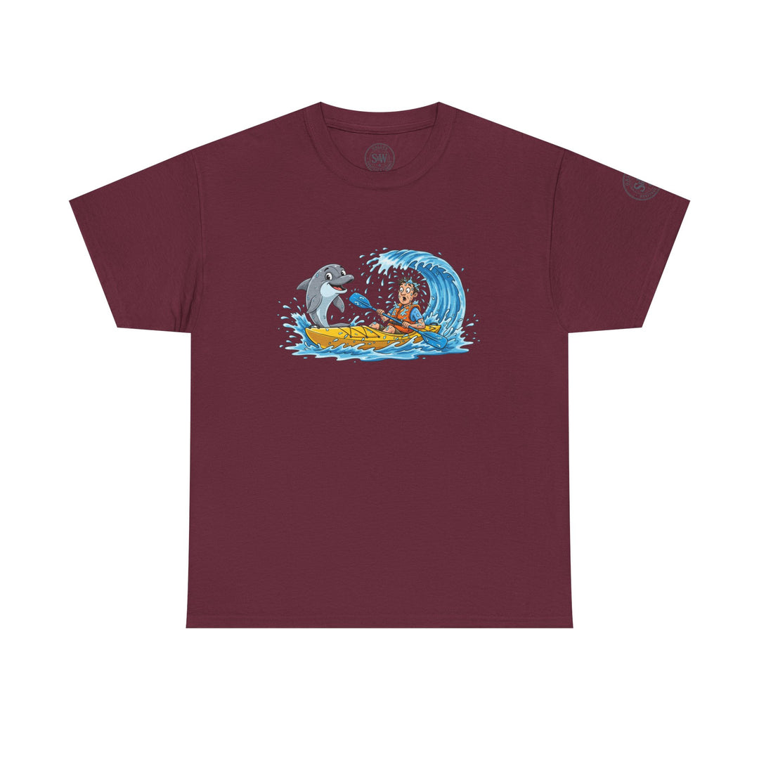 Burgundy T-shirt by S&amp;W Gallus, featuring a dolphin and kayaker graphic on the front.
