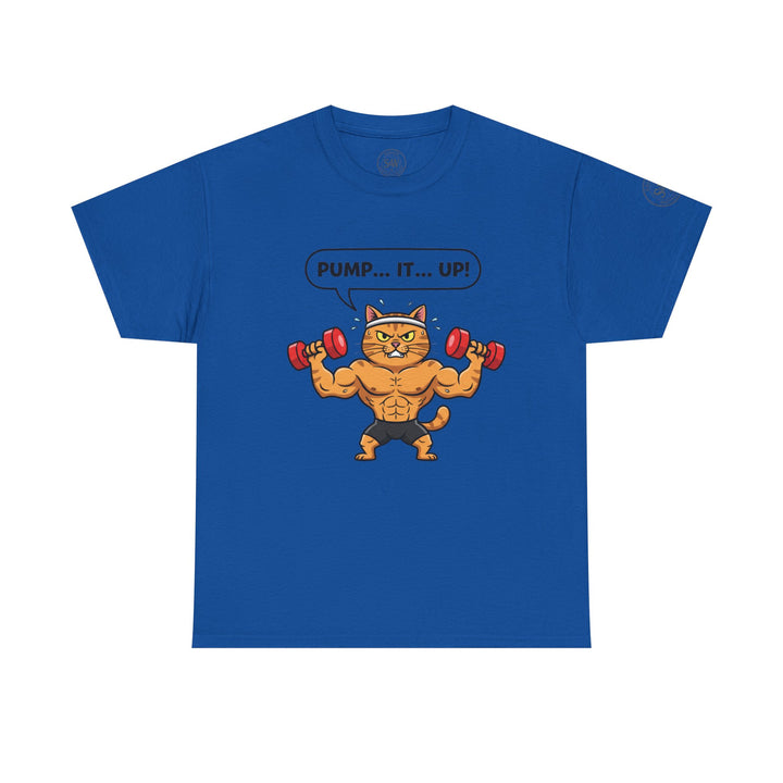 Blue t-shirt by S&amp;W Gallus, featuring cartoon illustration of muscular cat lifting dumbbells and text bubble.