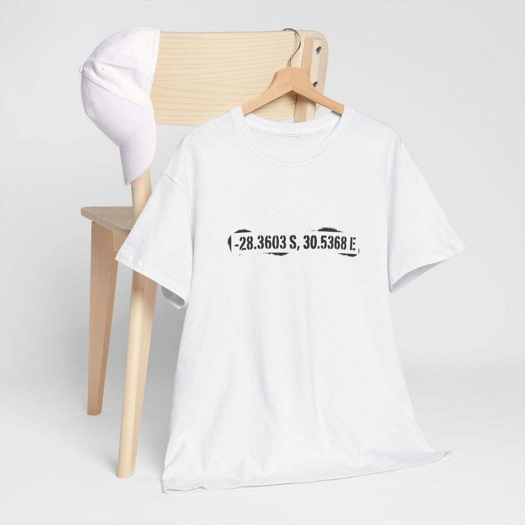 Rorke’s Drift T-Shirt featuring historic battle coordinates. Honor the 1879 Anglo-Zulu War with precise latitude &amp; longitude design.
