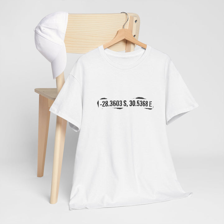 Rorke’s Drift T-Shirt featuring historic battle coordinates. Honor the 1879 Anglo-Zulu War with precise latitude &amp; longitude design.