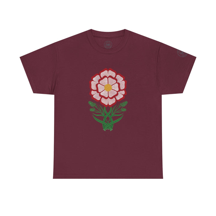 Burgundy tee shirt by S&amp;W Gallus featuring a Tudor rose graphic on the front.
