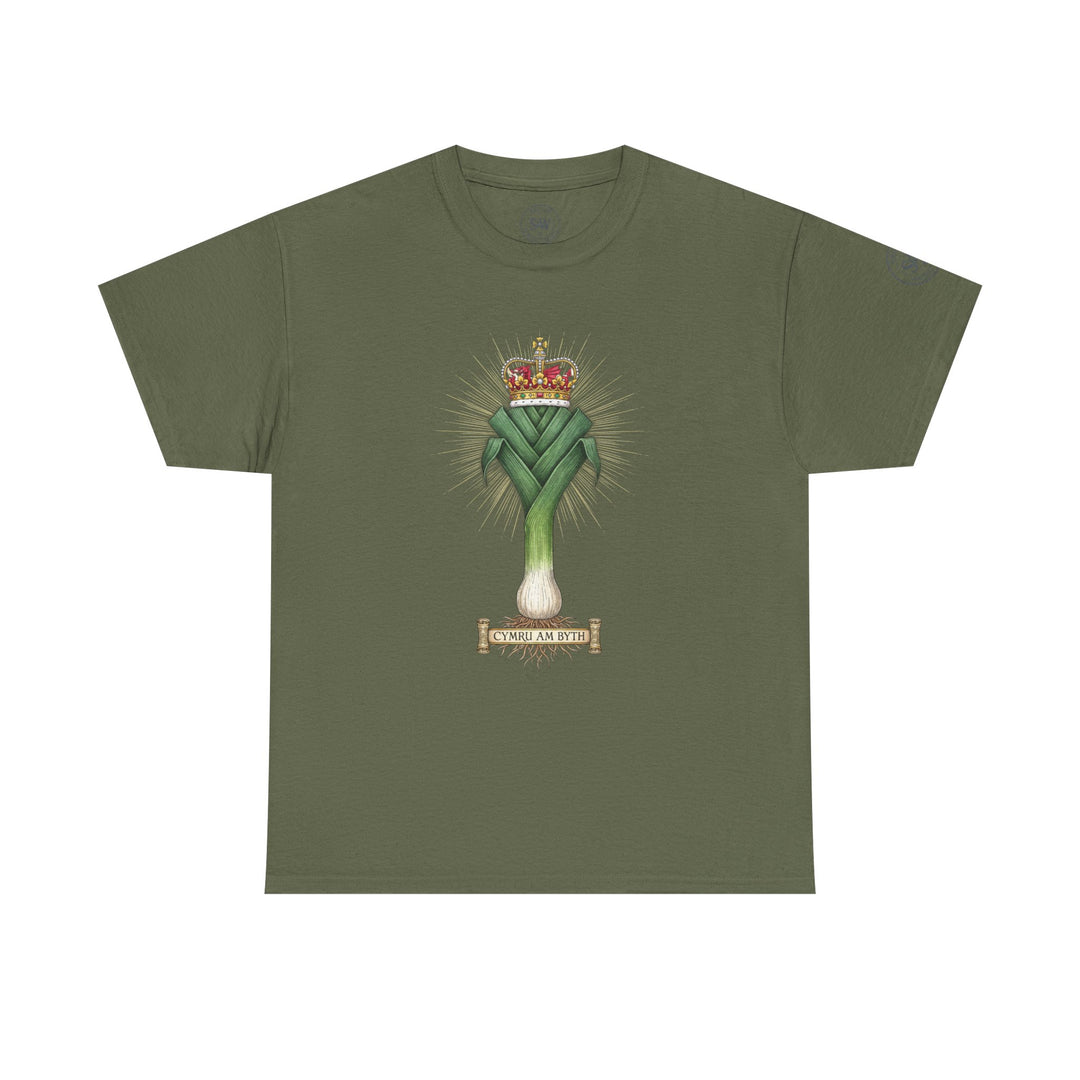 Olive green t-shirt by S&amp;W Gallus featuring a leek and crown graphic with "CYMRU AM BYTH" text.
