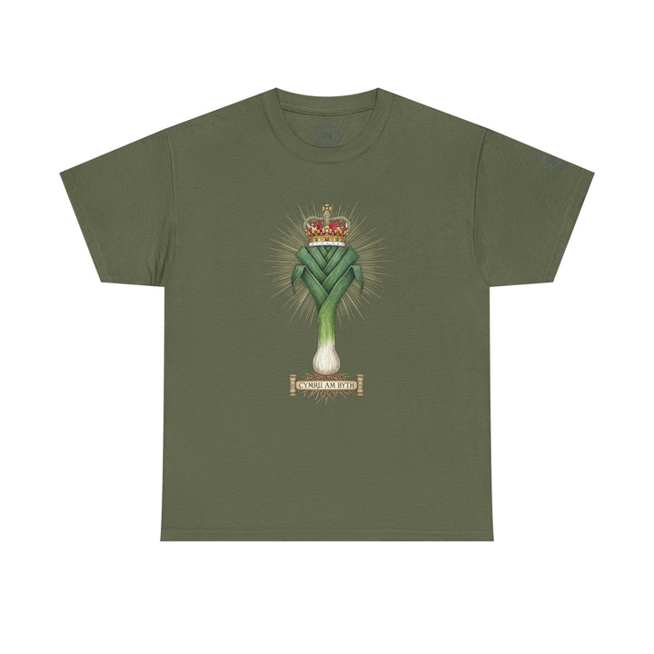 Olive green t-shirt by S&amp;W Gallus featuring a leek and crown graphic with "CYMRU AM BYTH" text.