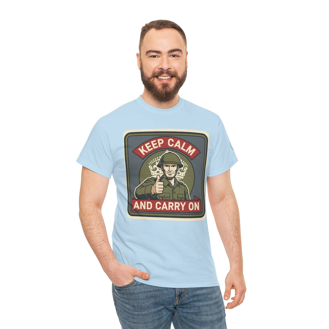 Light blue T-shirt with a graphic by S&amp;W Gallus featuring a soldier and "Keep Calm and Carry On" text.