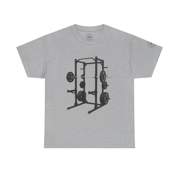 Gray t-shirt by S&amp;W Gallus with a printed graphic of a loaded power rack at a home gym.