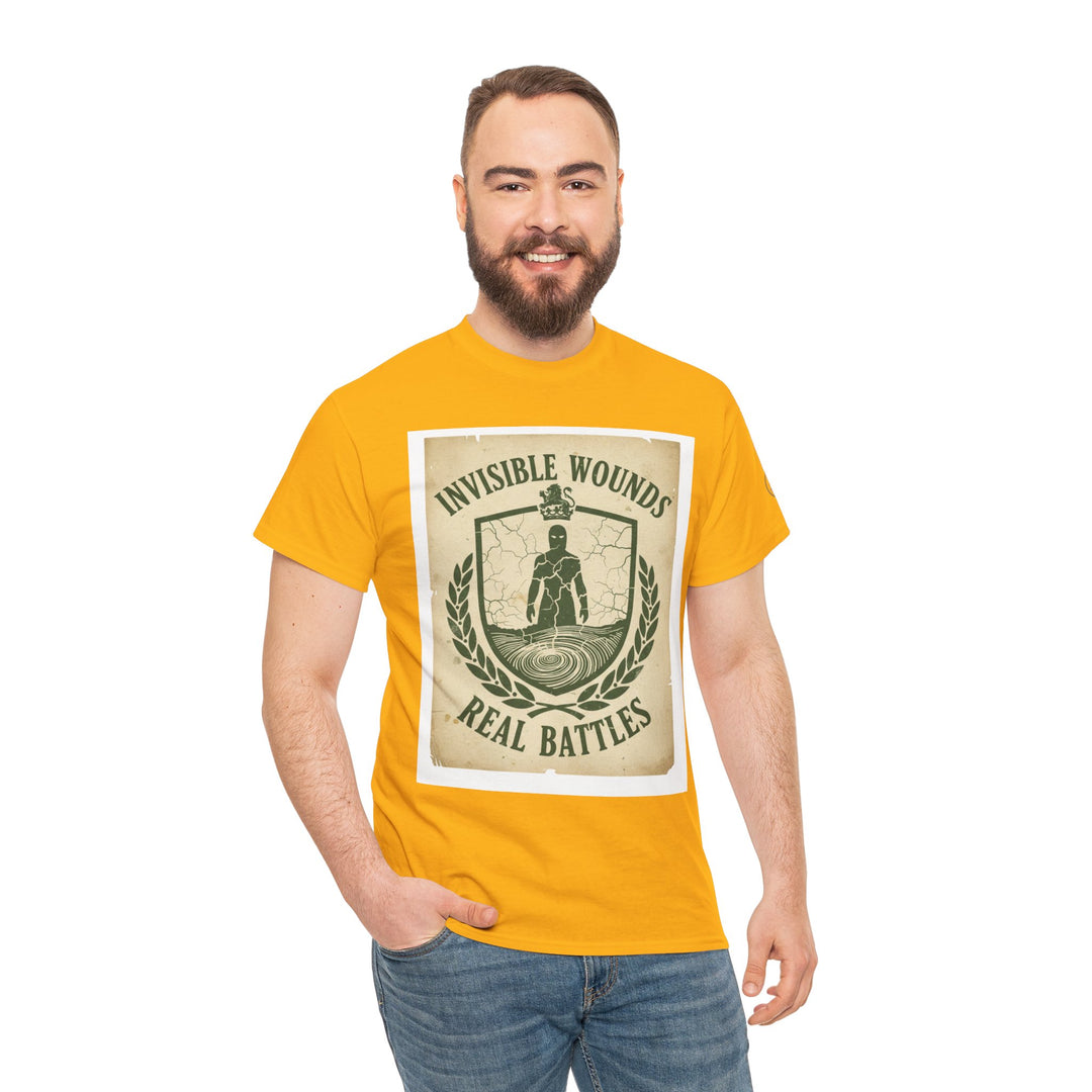Mustard yellow t-shirt by S&amp;W Gallus, featuring a graphic print with the text "Invisible Wounds Real Battles".