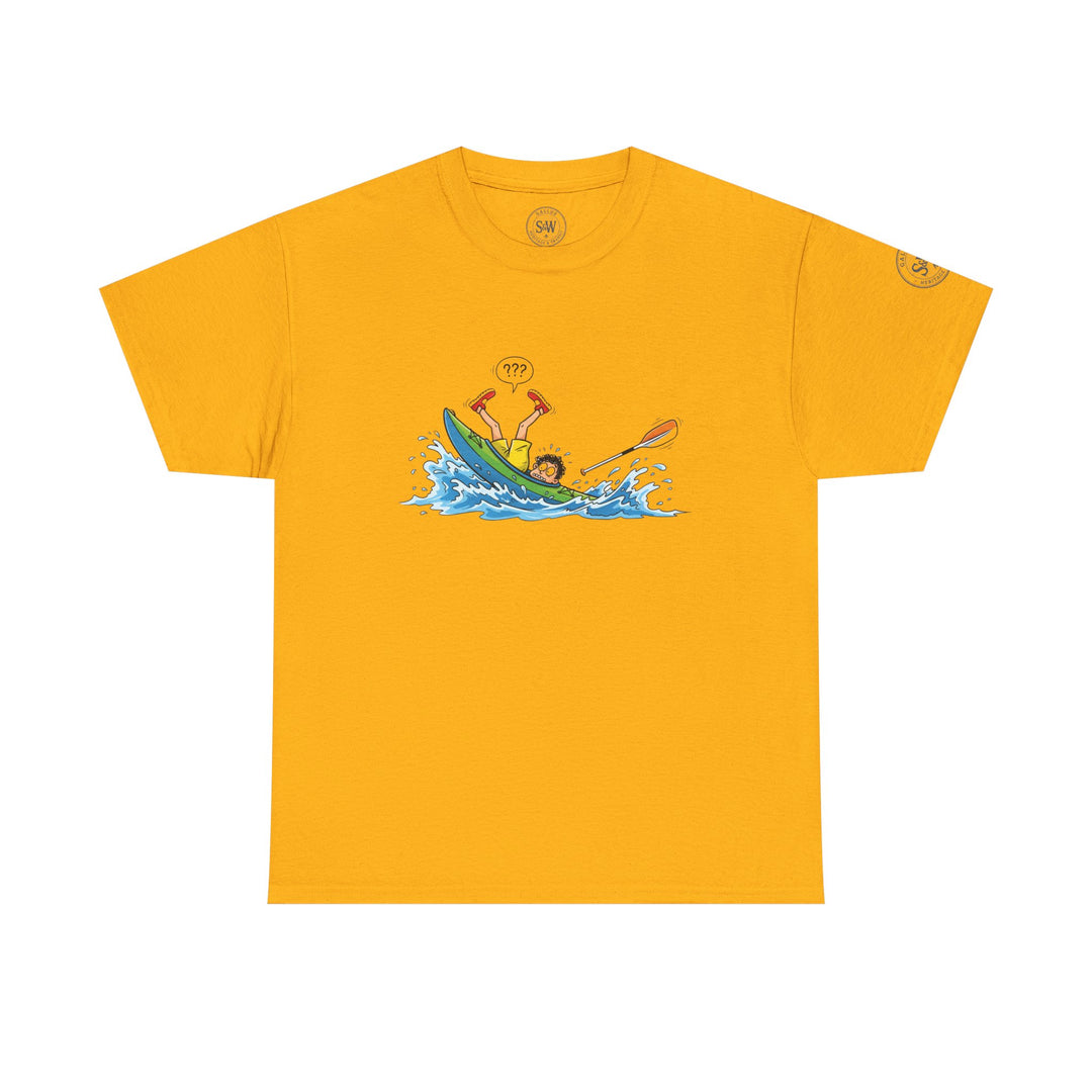 Mustard yellow t-shirt by S&amp;W Gallus, featuring a cartoon graphic of a kayaker capsizing in water.