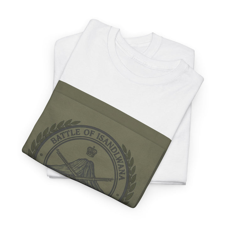 Isandlwana vintage military emblem crewneck T-shirt. Heritage graphic design inspired by historic battlefield legacy.