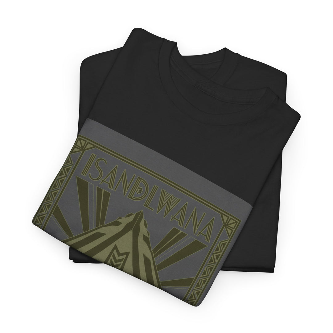 Isandlwana Festival Tee featuring bold “M” pyramid graphic. Outdoor music shirt inspired by iconic landscape vibes.