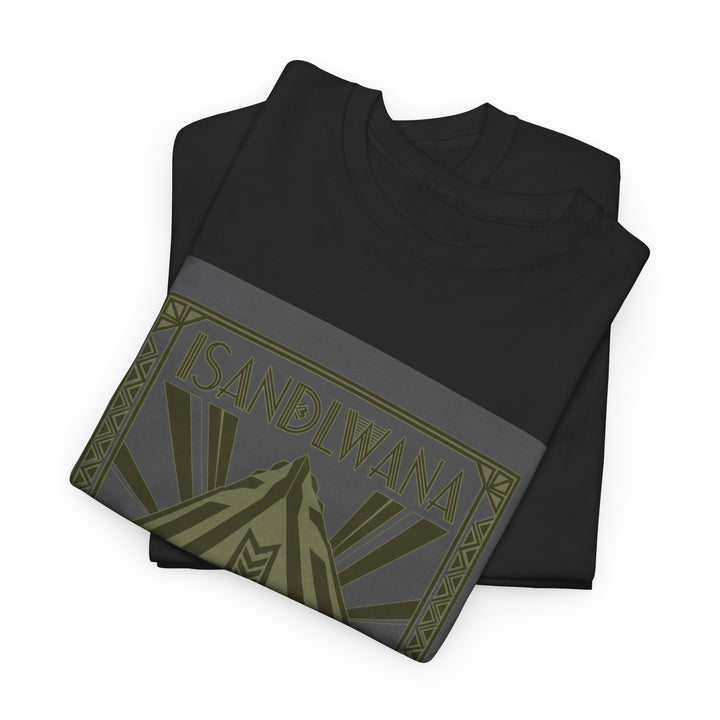 Isandlwana Festival Tee featuring bold “M” pyramid graphic. Outdoor music shirt inspired by iconic landscape vibes.