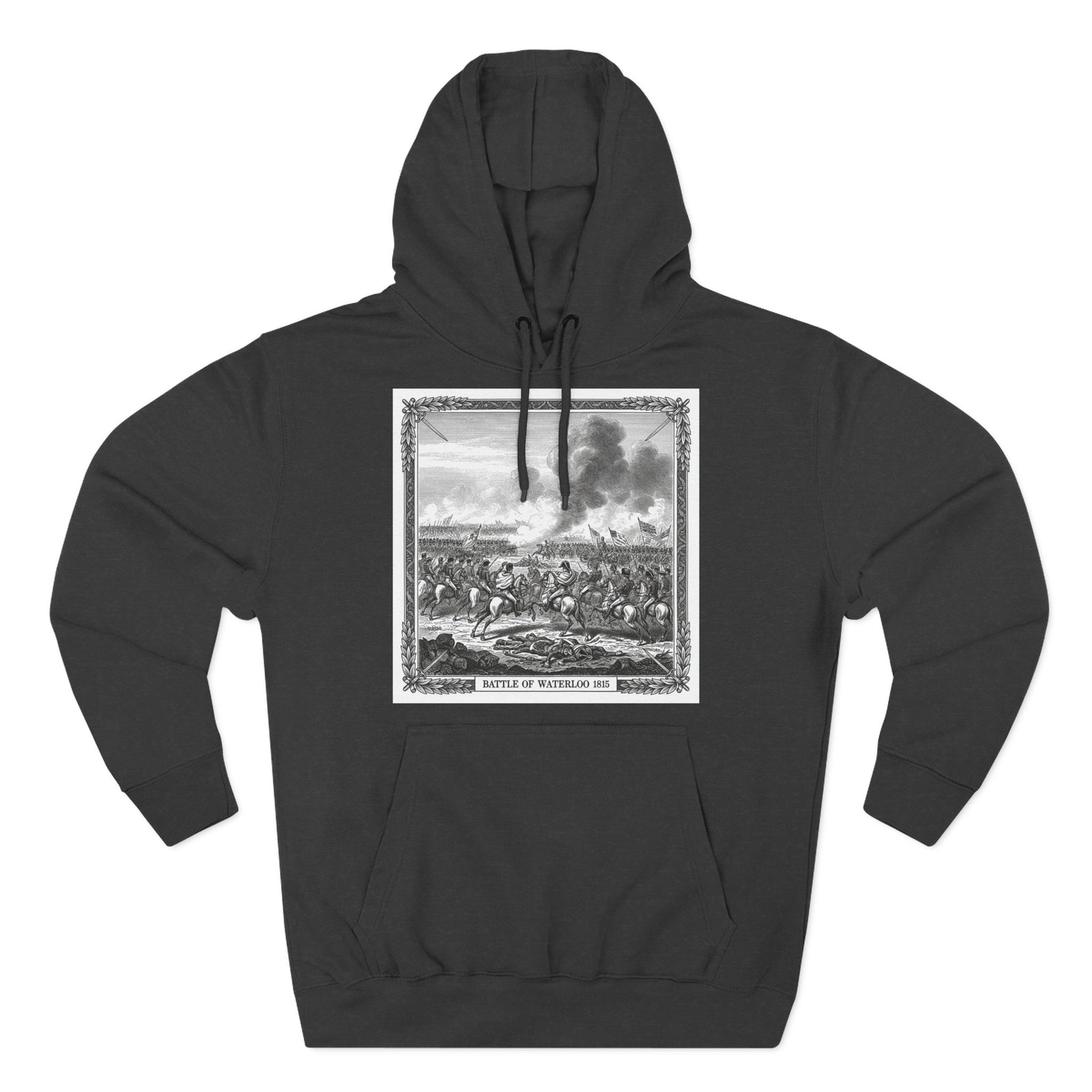 Charcoal hoodie by S&W Gallus featuring a graphic print of the Battle of Waterloo 1815 at center.