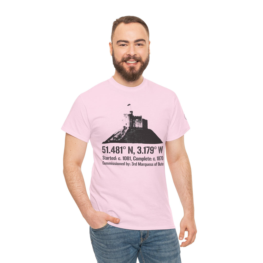 Pink Cardiff Castle T-shirt by S&amp;W Gallus, featuring a castle graphic and coordinates, worn with jeans.