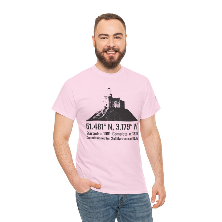 Pink Cardiff Castle T-shirt by S&amp;W Gallus, featuring a castle graphic and coordinates, worn with jeans.