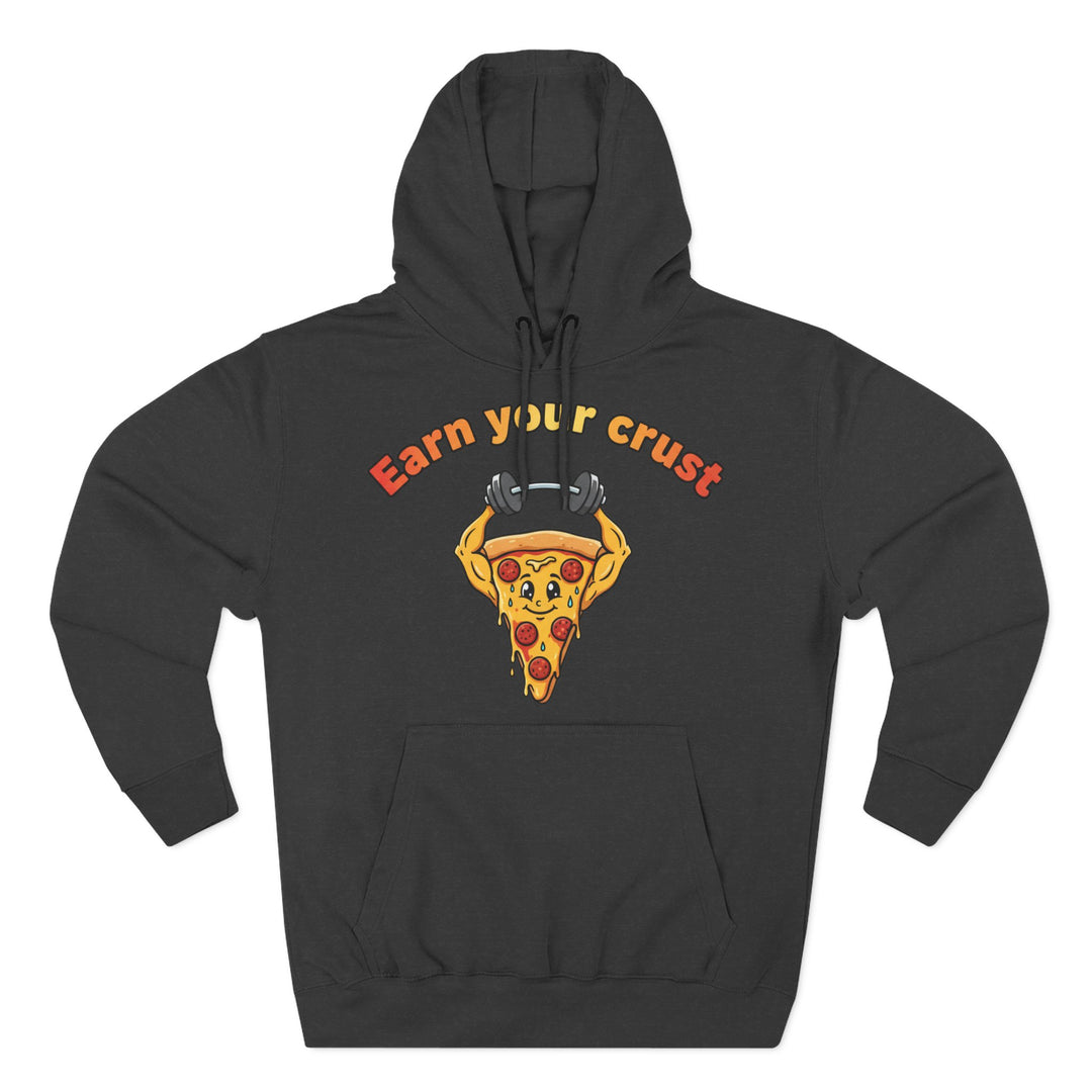 Black hoodie by S&amp;W Gallus featuring a cartoon pizza slice lifting weights and the text "Earn your crust".