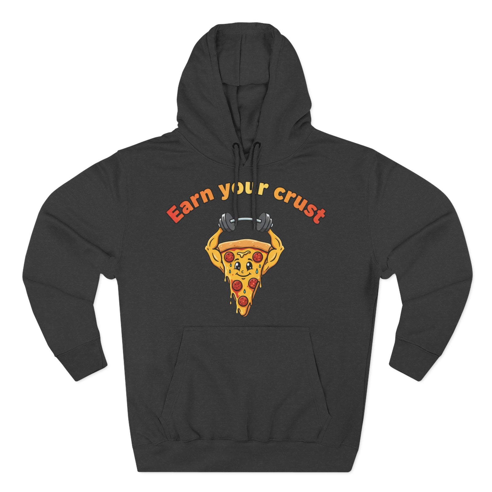 Black hoodie by S&W Gallus featuring a cartoon pizza slice lifting weights and the text "Earn your crust".