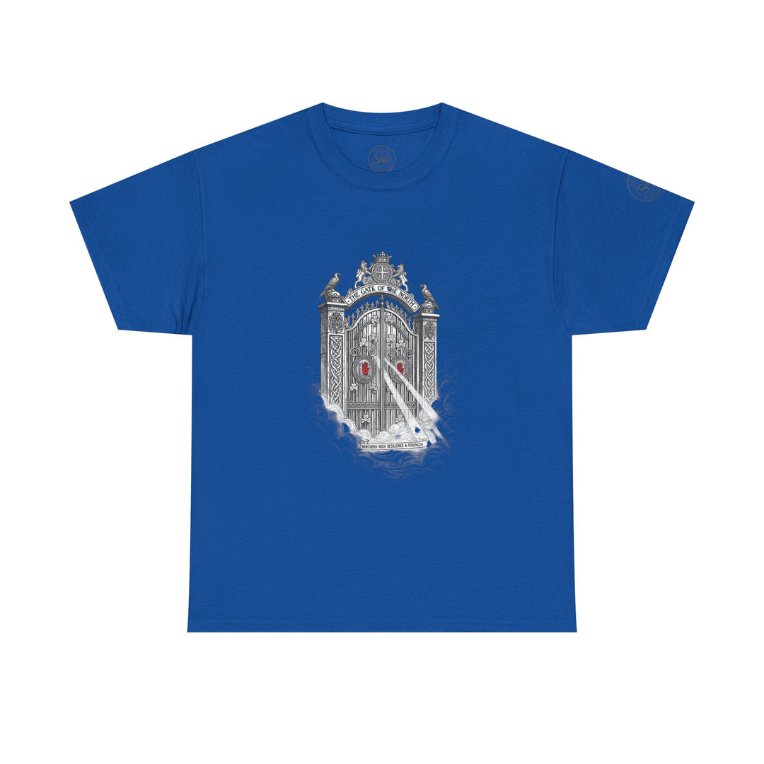 Blue graphic tee by S&amp;W Gallus featuring the Gate of the North design with Northern Irish Resilience &amp; Strength text.