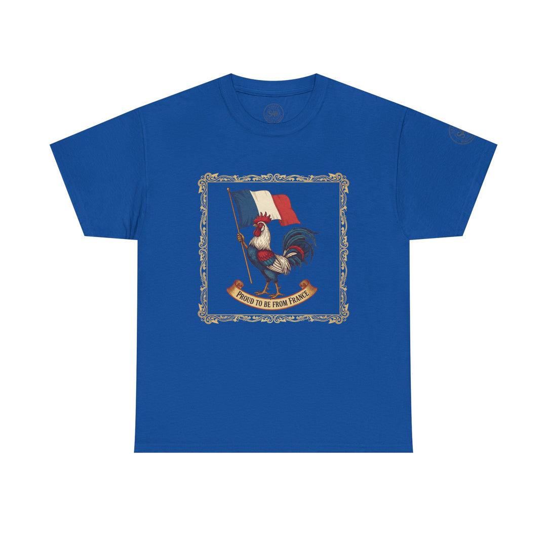 Blue t-shirt from S&amp;W Gallus with a French rooster and flag graphic on the front.