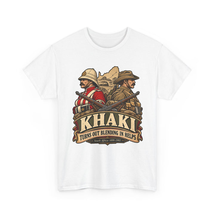 Khaki T-Shirt — “Turns Out Blending In Helps” Military History Humour Tee