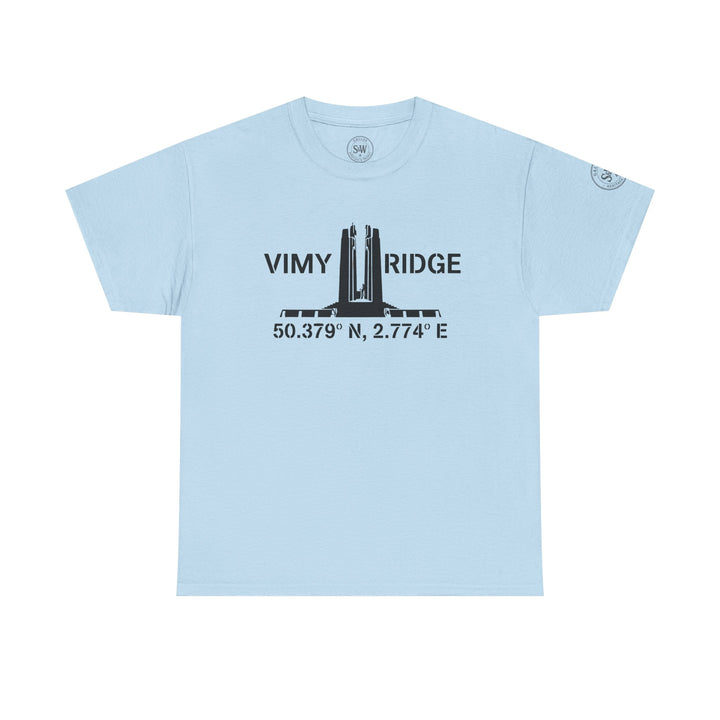 Light blue t-shirt by S&amp;W Gallus featuring a black Vimy Ridge monument graphic and location coordinates.