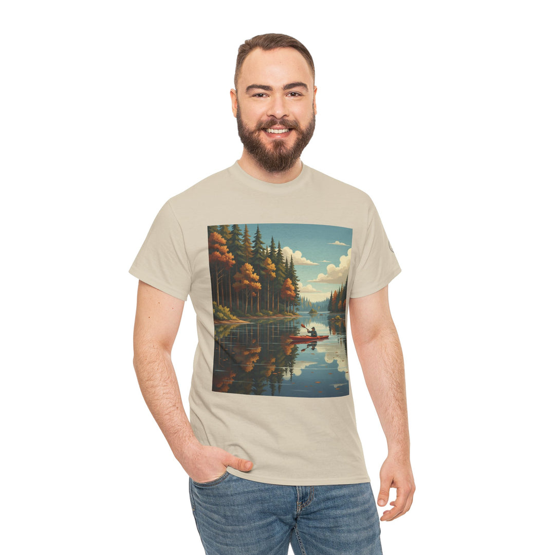Beige t-shirt with a canoe lake graphic by S&amp;W Gallus worn with blue jeans.