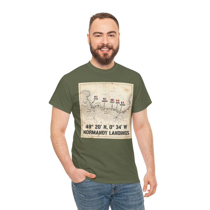 Olive drab t-shirt by Veteran owned, featuring a vintage map of the Normandy landings and worn with blue jeans.