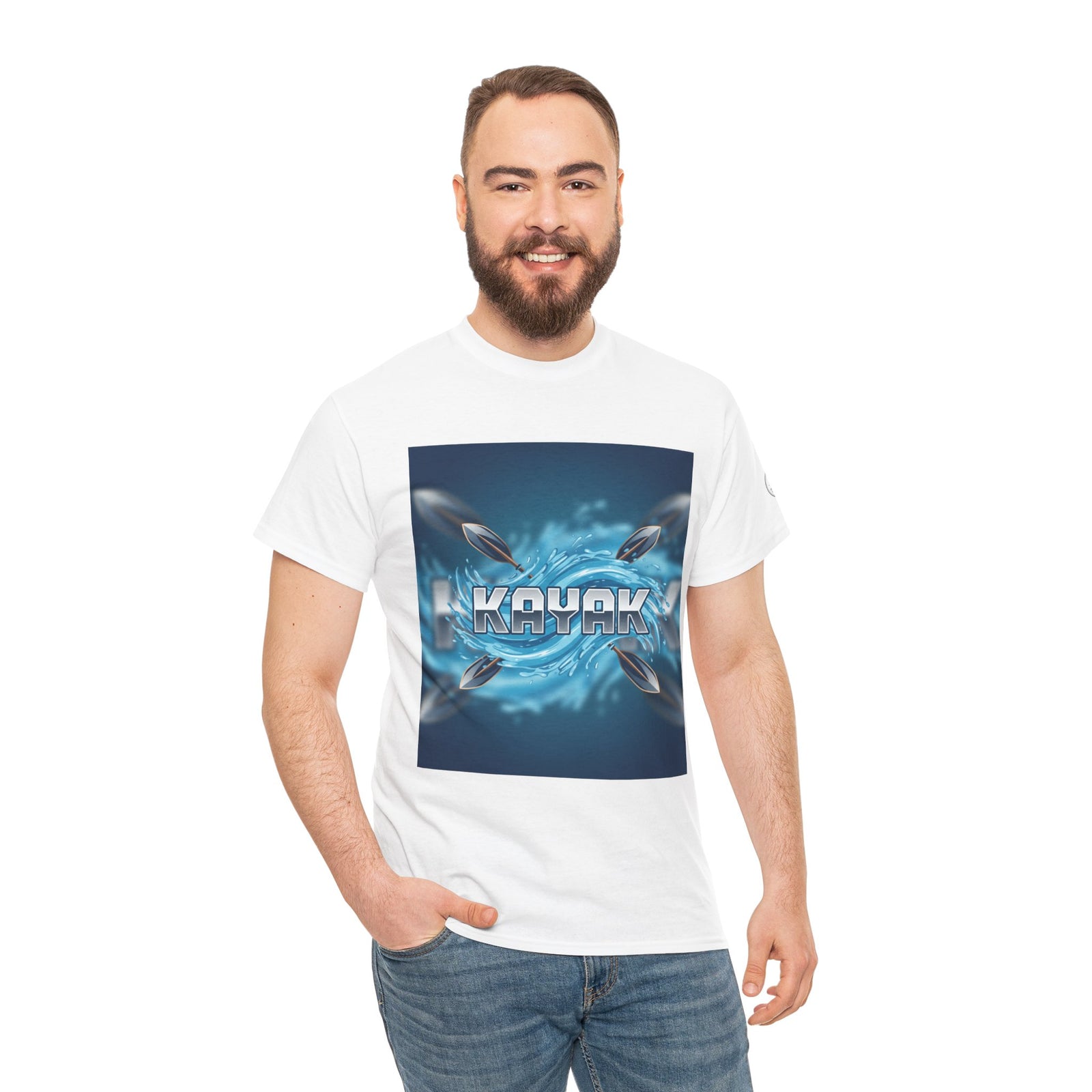 White graphic T-shirt by S&W Gallus featuring a kayak and paddle design on the front, worn with jeans.