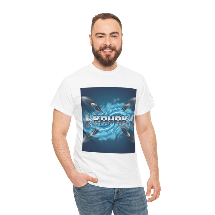 White graphic T-shirt by S&amp;W Gallus featuring a kayak and paddle design on the front, worn with jeans.