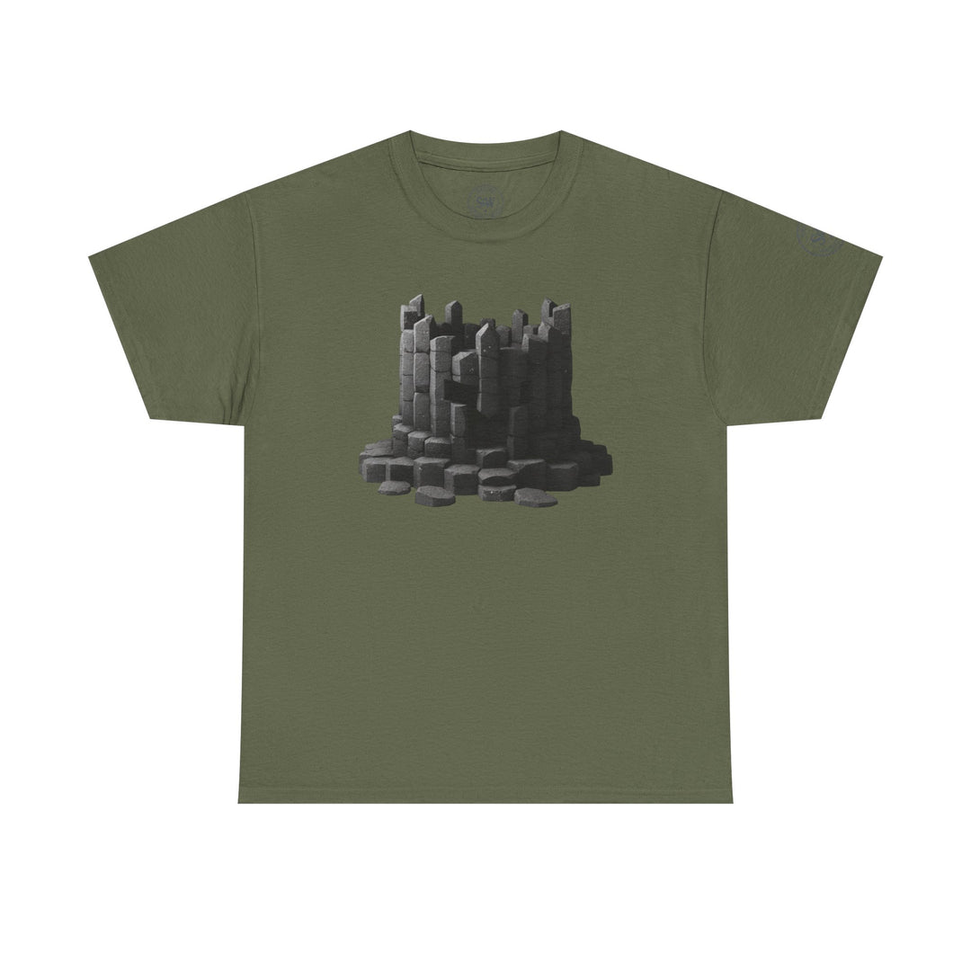 Green t-shirt by S&amp;W Gallus featuring a grayscale graphic of basalt columns.
