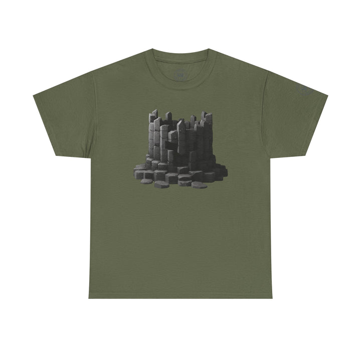 Green t-shirt by S&amp;W Gallus featuring a grayscale graphic of basalt columns.