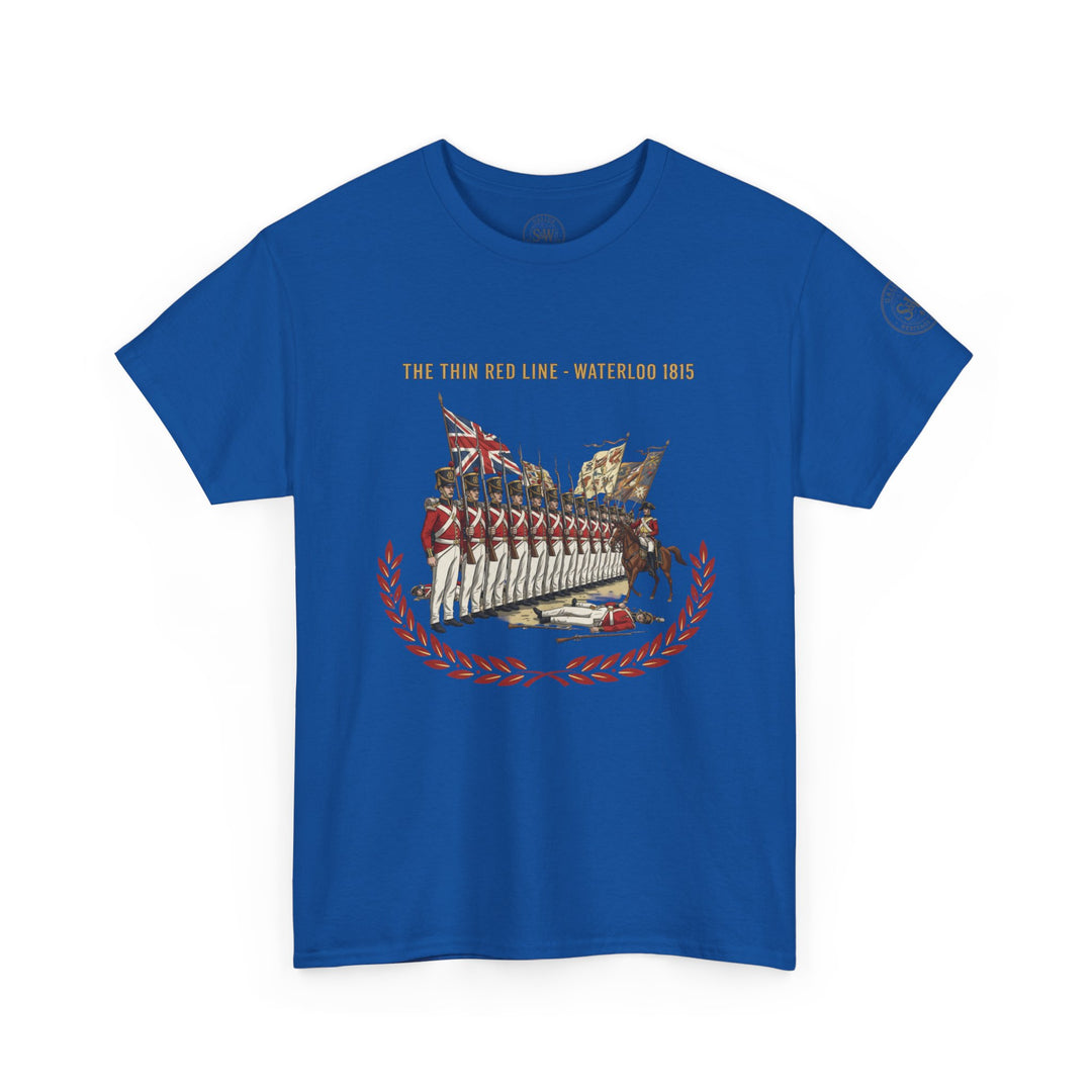 Blue t-shirt by S&amp;W Gallus, featuring "The Thin Red Line - Waterloo 1815" graphic with soldiers and a laurel wreath.