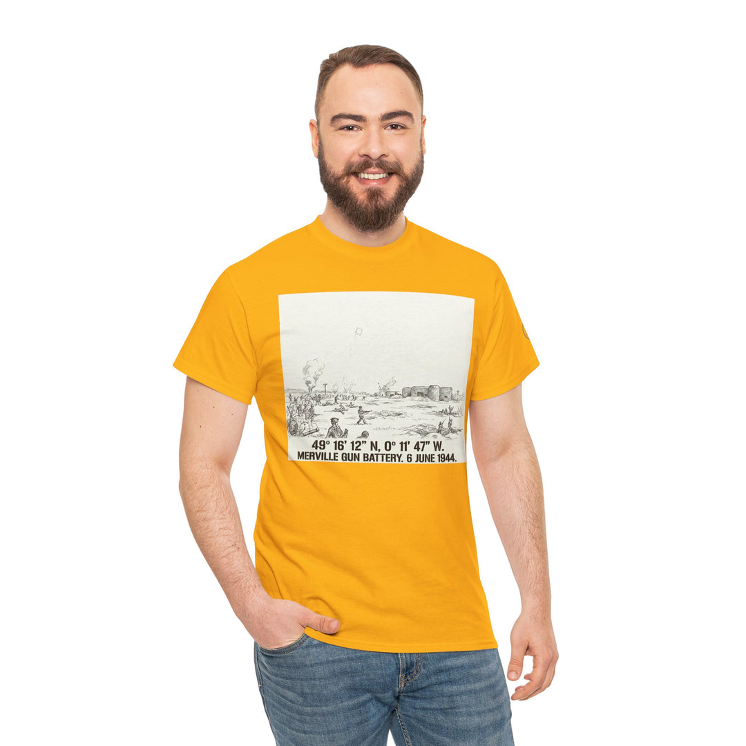 Yellow Normandy D-Day Merville Gun Battery Sketch T-Shirt by Veteran owned, featuring a historical sketch print, worn with blue jeans.