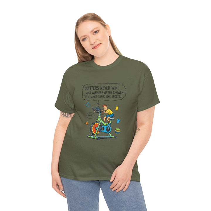 Spin Motivational Tee – soft, breathable cotton featuring an inspiring cycling graphic. Perfect for spin classes, workouts, and active lifestyle wear.