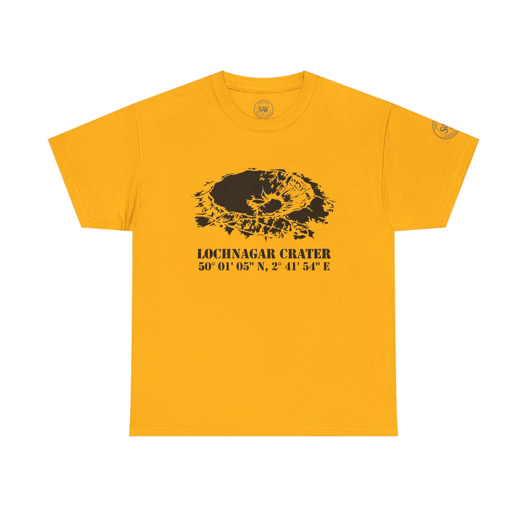 Gold t-shirt by S&amp;W Gallus displaying the Lochnagar Crater design and coordinates, featuring a crew neck and short sleeves.