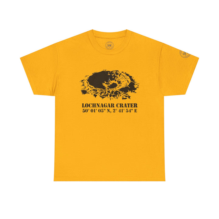 Gold t-shirt by S&amp;W Gallus displaying the Lochnagar Crater design and coordinates, featuring a crew neck and short sleeves.