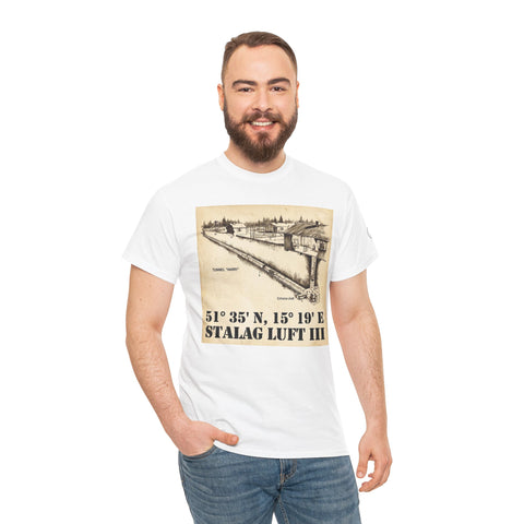 White graphic t-shirt with Stalag Luft III coordinates, by Veteran owned, worn with jeans on a model.
