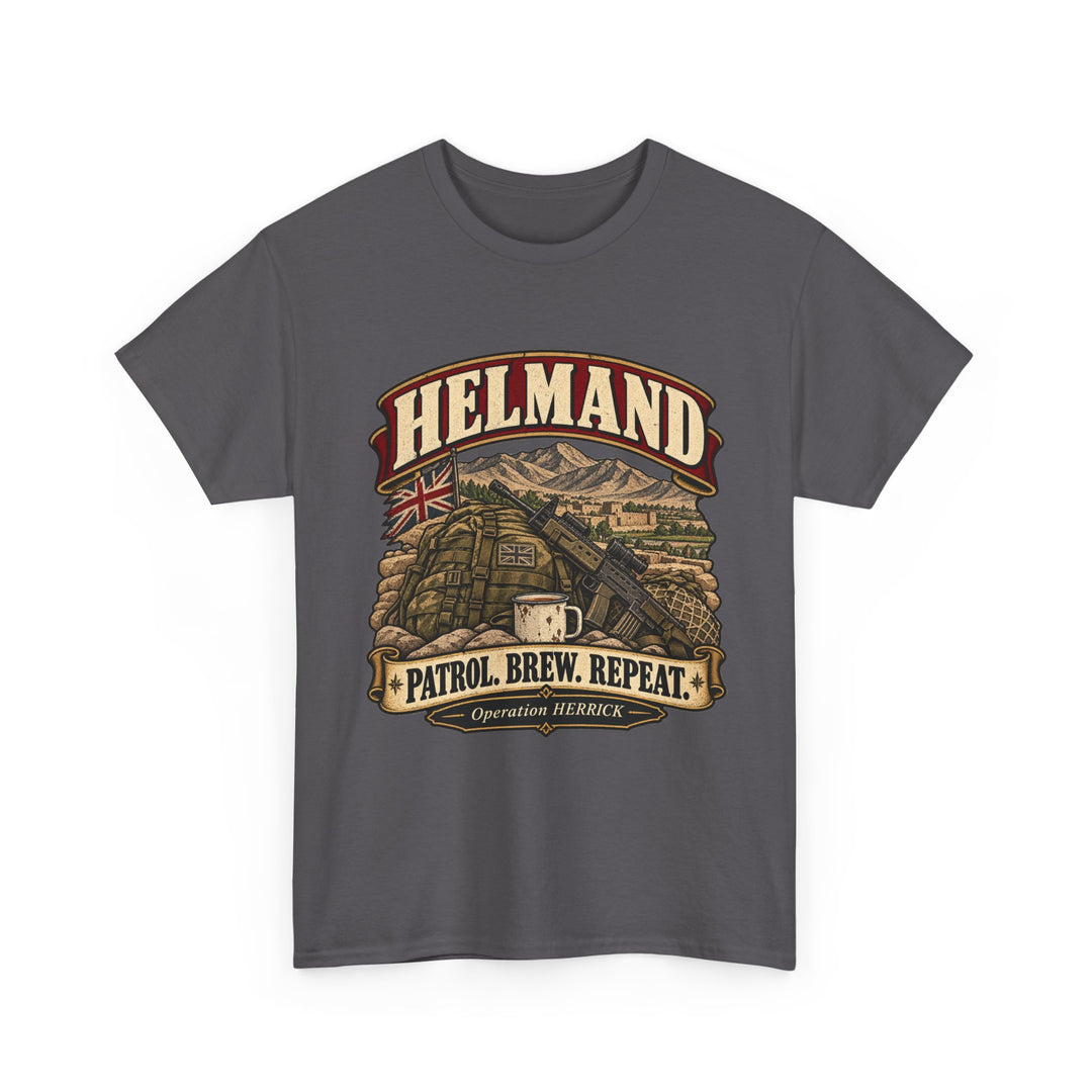 Helmand T-Shirt — “Patrol. Brew. Repeat.” Afghanistan Military Humour Tee