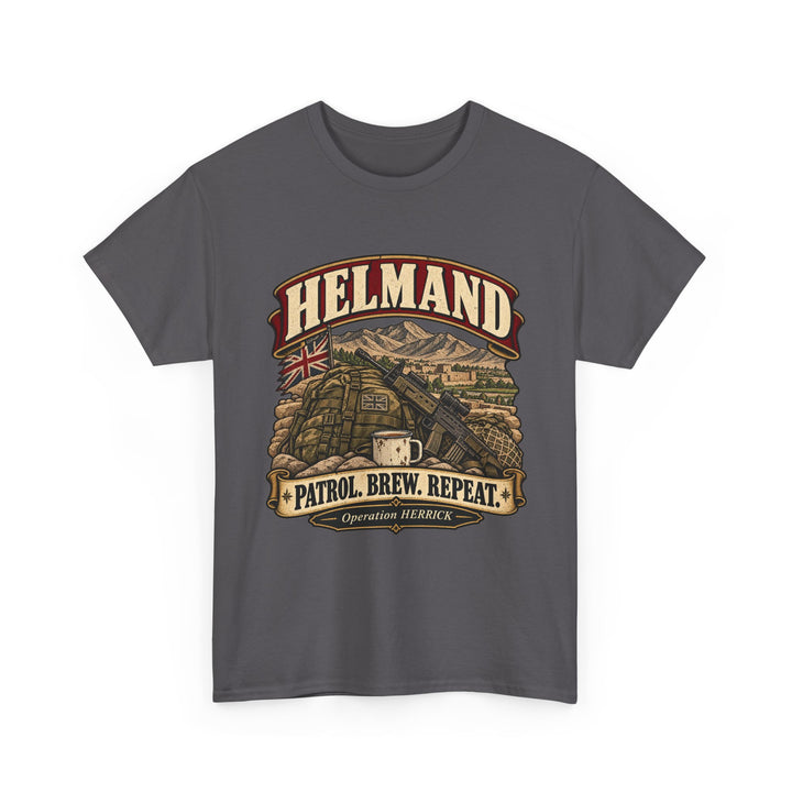 Helmand T-Shirt — “Patrol. Brew. Repeat.” Afghanistan Military Humour Tee