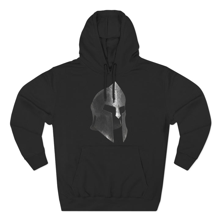 Black fleece hoodie by S&amp;W Gallus featuring a silver Spartan helmet graphic on the front.