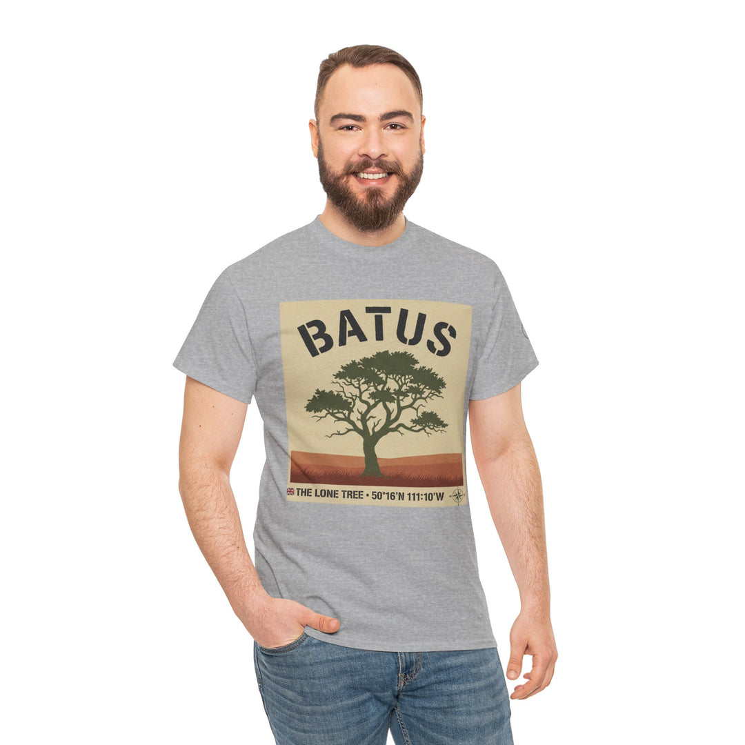 Gray t-shirt with vintage safari tree graphic by S&amp;W Gallus, styled with a bearded model in jeans.