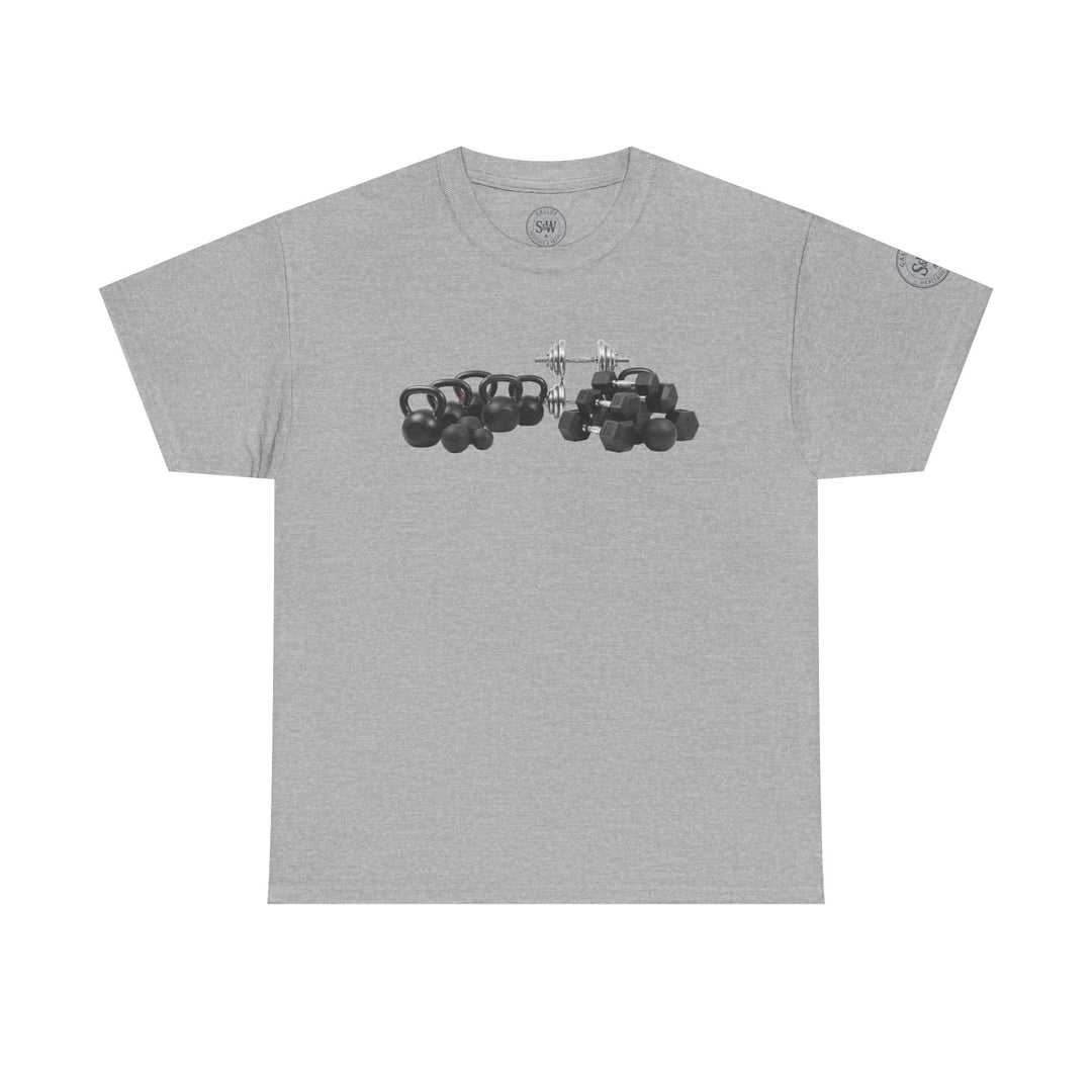 Heather grey t-shirt by S&amp;W Gallus with a kettlebell and dumbbell graphic on the chest.