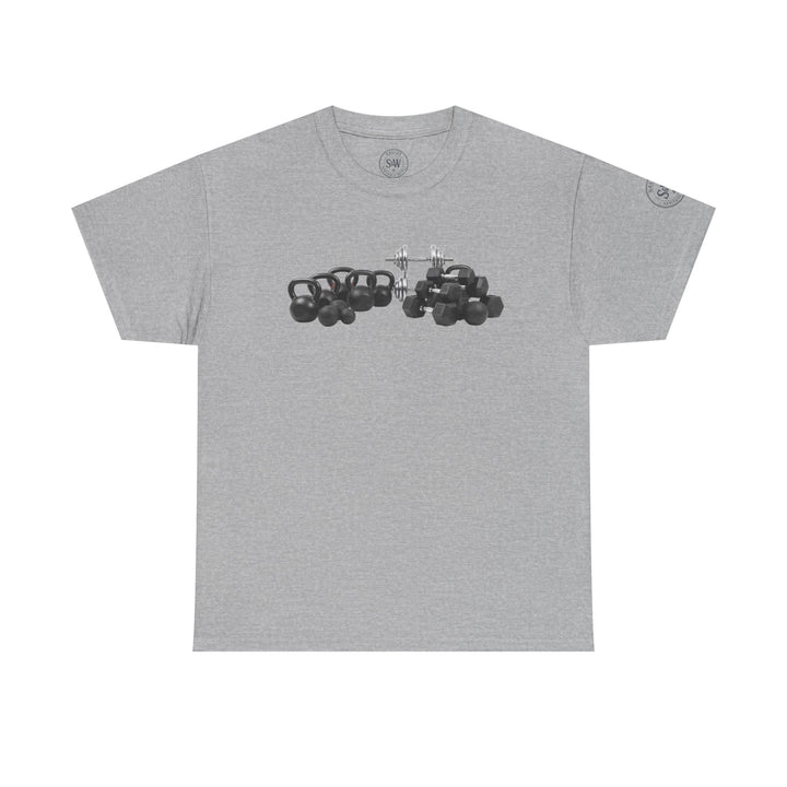 Heather grey t-shirt by S&amp;W Gallus with a kettlebell and dumbbell graphic on the chest.
