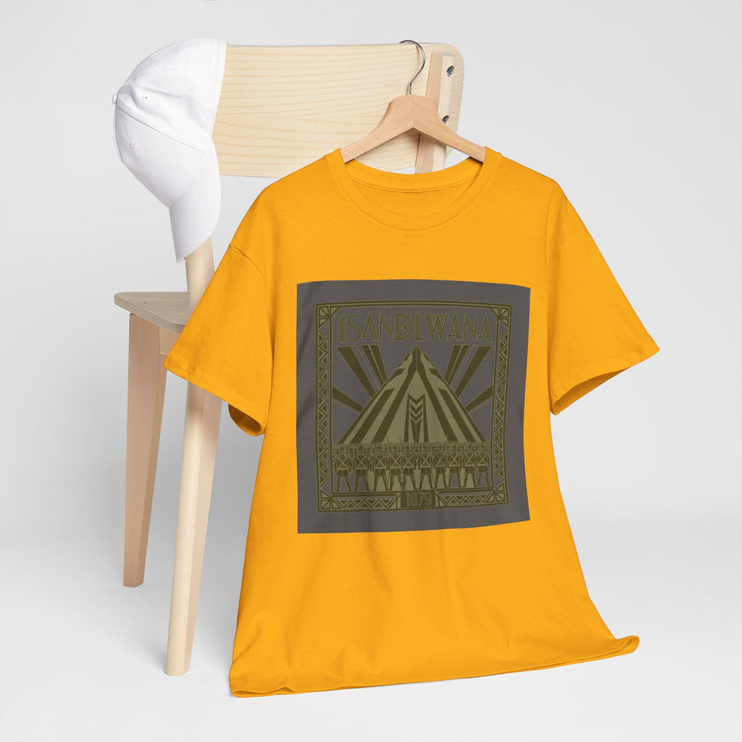 Isandlwana Festival Tee featuring bold “M” pyramid graphic. Outdoor music shirt inspired by iconic landscape vibes.