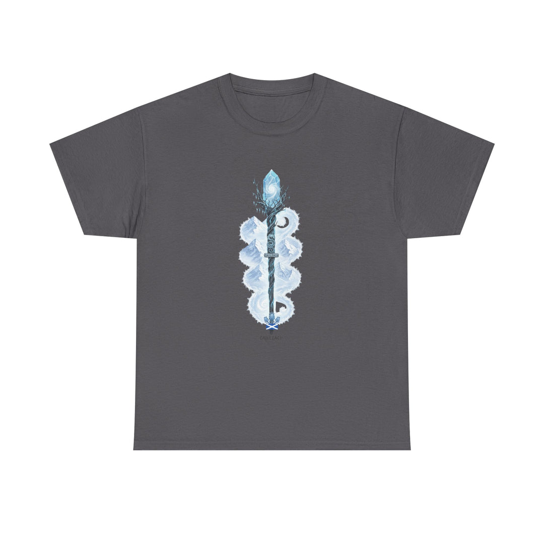 Gray Scotland Staff T-shirt by S&amp;W Gallus with a vertical ice-themed graphic on the front.