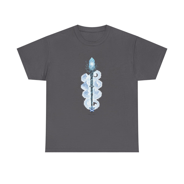 Gray Scotland Staff T-shirt by S&amp;W Gallus with a vertical ice-themed graphic on the front.