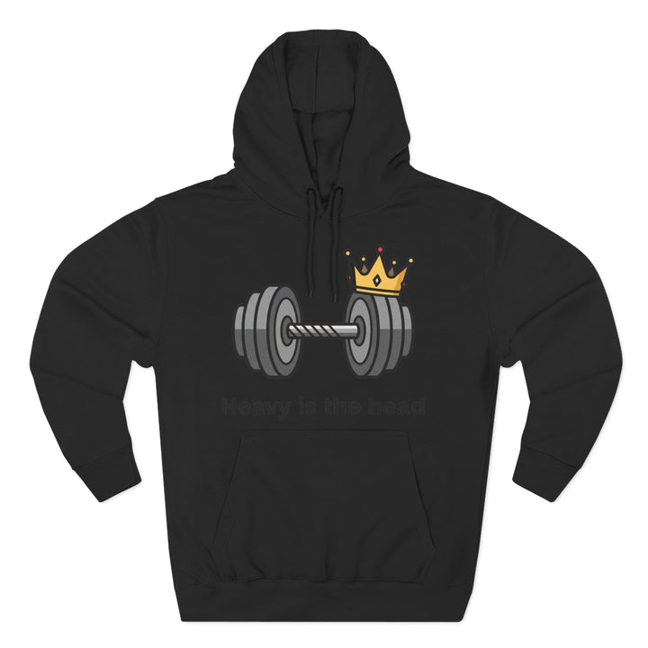 Black hoodie by S&amp;W Gallus featuring a dumbbell and crown graphic and the phrase "Heavy Is The Head."