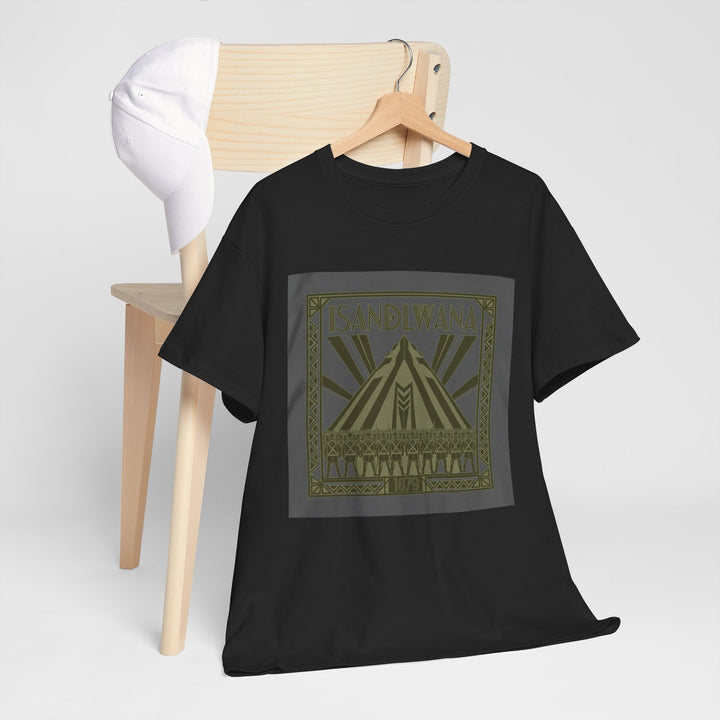 Isandlwana Festival Tee featuring bold “M” pyramid graphic. Outdoor music shirt inspired by iconic landscape vibes.