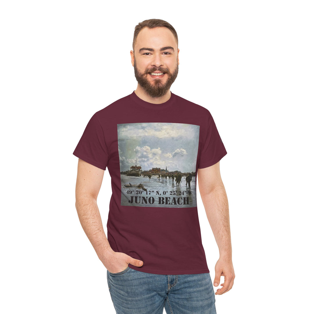 Maroon t-shirt with a Juno Beach print by Veteran owned, worn with blue jeans by a man with a beard.
