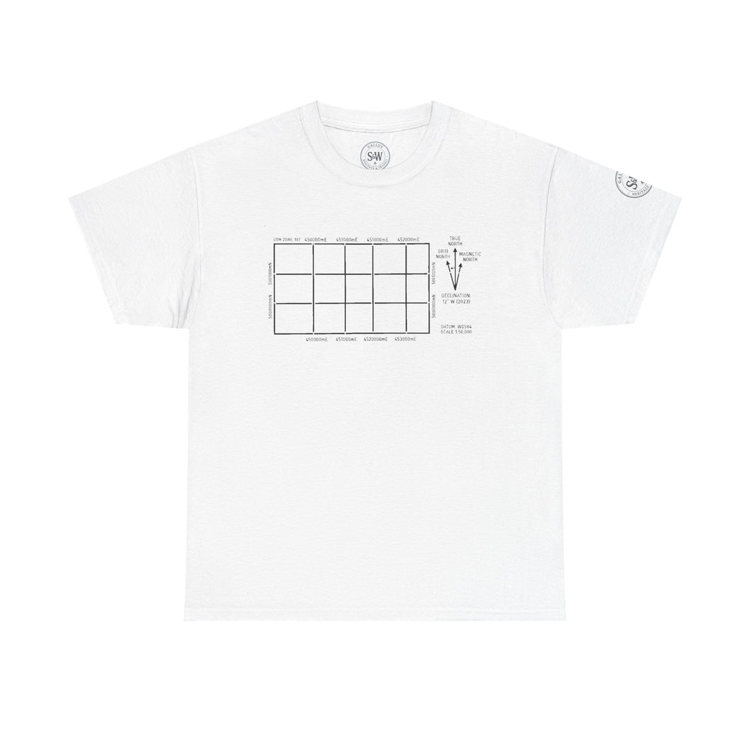 White t-shirt with a minimal blueprint grid design by S&amp;W Gallus, featuring a declination diagram and UTM zone.
