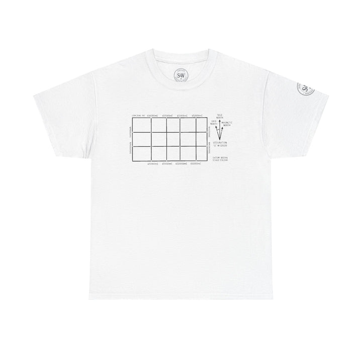 White t-shirt with a minimal blueprint grid design by S&amp;W Gallus, featuring a declination diagram and UTM zone.